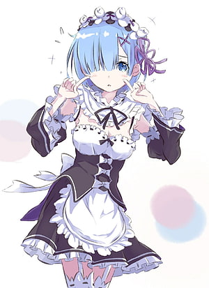 Rem from Re Zero in a detailed maid outfit with blue hair and playful pose HD phone wallpaper