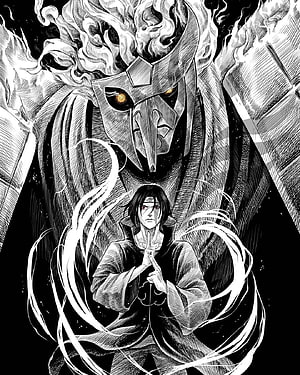 Itachi Uchiha and Susano'o in Dramatic Black and White Manga Illustration HD phone wallpaper