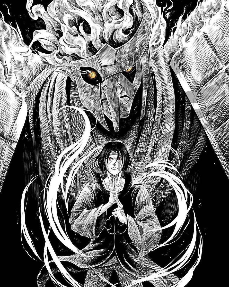 Itachi Uchiha and Susano'o in Dramatic Black and White Manga Illustration HD phone wallpaper