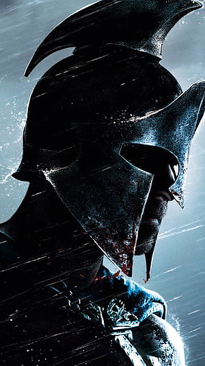 Spartan Warrior in Dark Helmet with Blood Stains in Rainy Atmosphere HD phone wallpaper