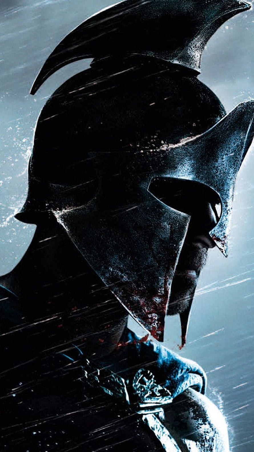 Spartan Warrior in Dark Helmet with Blood Stains in Rainy Atmosphere HD phone wallpaper