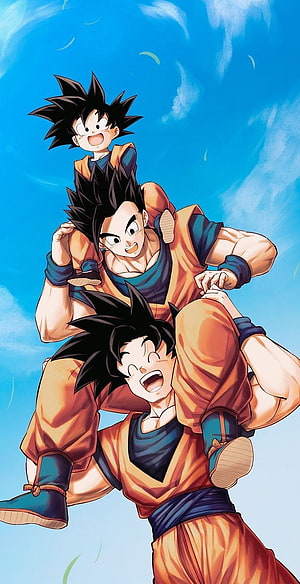 Dragon Ball Super Son Family Stacked in Orange Gi Against Blue Sky HD phone wallpaper