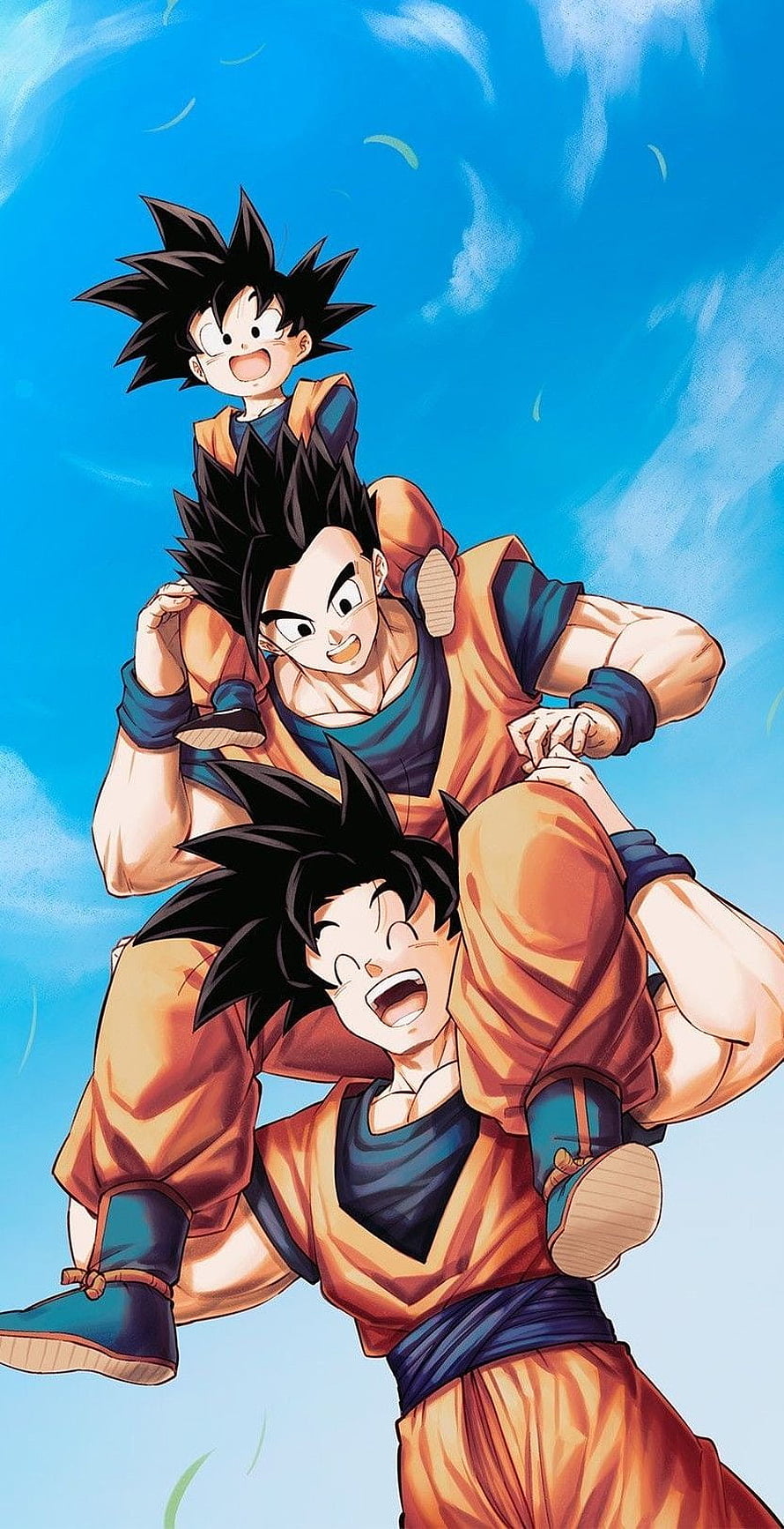 Dragon Ball Super Son Family Stacked in Orange Gi Against Blue Sky HD phone wallpaper