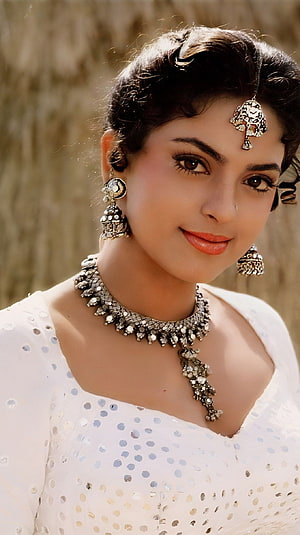 Juhi Chawla in Traditional Indian Jewelry and White Sequined Attire HD phone wallpaper