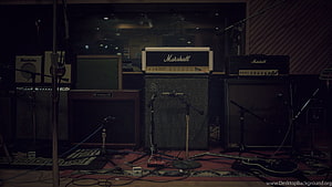 Moody Recording Studio Setup Featuring Marshall Amps and Vintage Guitar Equipment HD wallpaper
