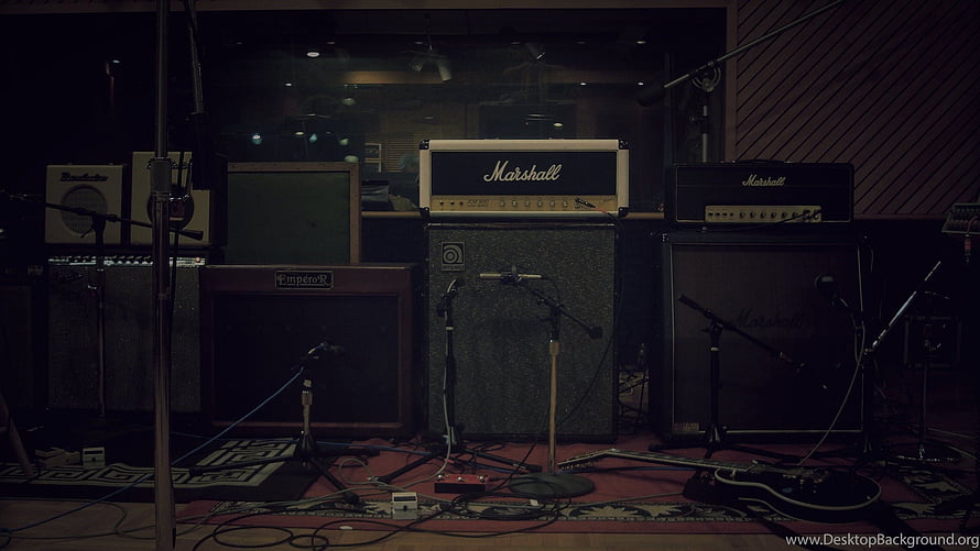 Moody Recording Studio Setup Featuring Marshall Amps and Vintage Guitar Equipment HD wallpaper
