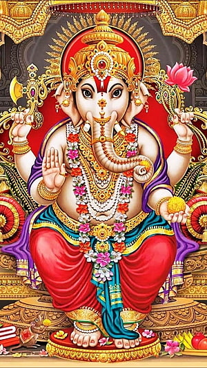 Lord Ganesha Seated on Golden Throne with Lotus and Axe in Traditional Indian Art HD phone wallpaper