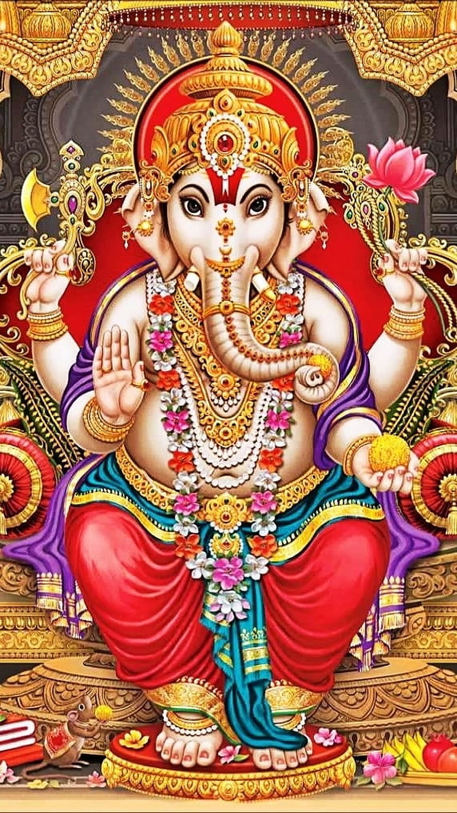 Lord Ganesha Seated on Golden Throne with Lotus and Axe in Traditional Indian Art HD phone wallpaper
