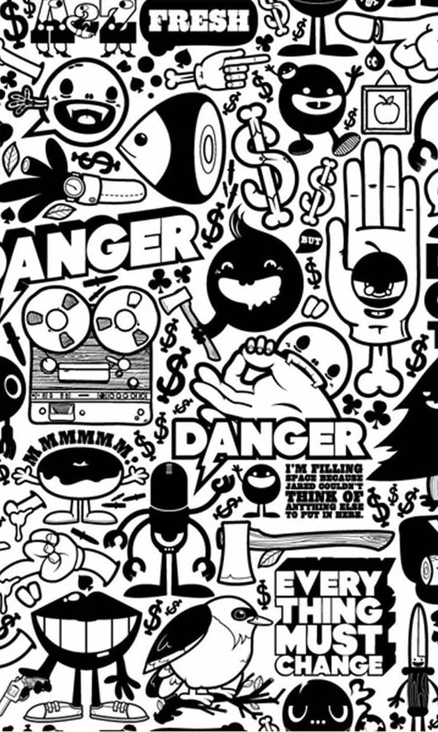 Black and White Sticker Bomb Doodle Art with Bold Typography and Cartoon Characters HD phone wallpaper