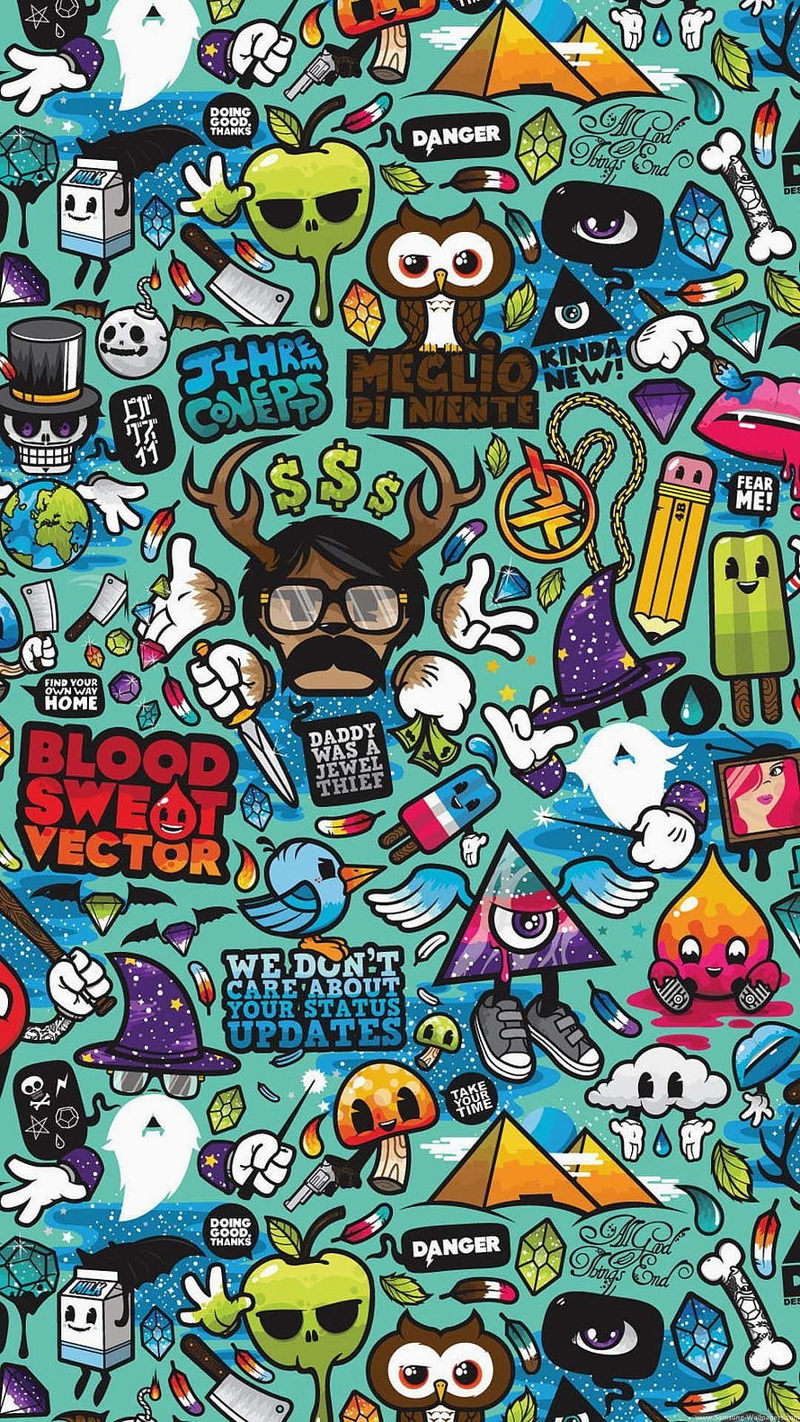 Colorful Doodle Art Illustration Featuring Central Character and Whimsical Objects HD phone wallpaper