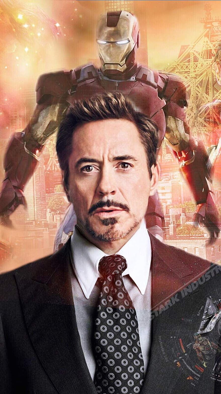 Robert Downey Jr as Tony Stark with Iron Man Armor in Cinematic Composite HD phone wallpaper