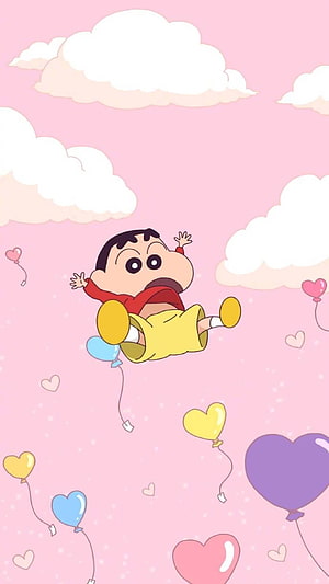 Shinchan Floating Among Pastel Heart Balloons and Soft Clouds in a Dreamy Pink Sky HD phone wallpaper