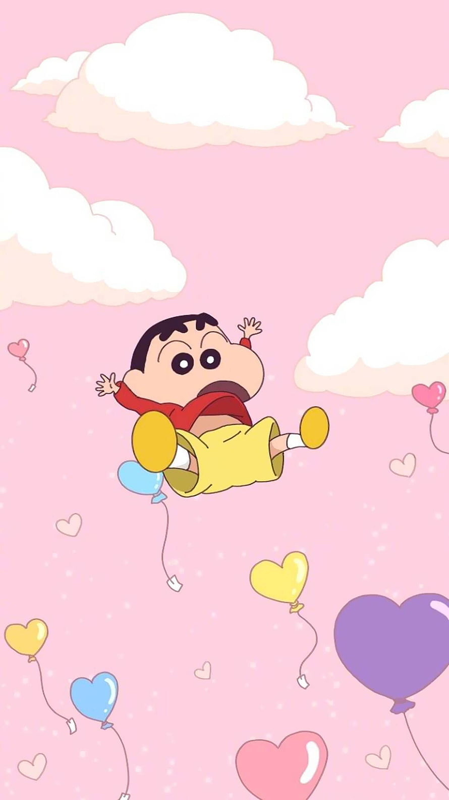 Shinchan Floating Among Pastel Heart Balloons and Soft Clouds in a Dreamy Pink Sky HD phone wallpaper