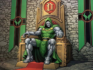 Doctor Doom Seated on Throne in Green Armor and Cape HD wallpaper