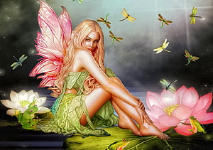 Blonde Fairy with Pink Wings Sitting on Lotus Leaf with Dragonflies and Frogs HD wallpaper