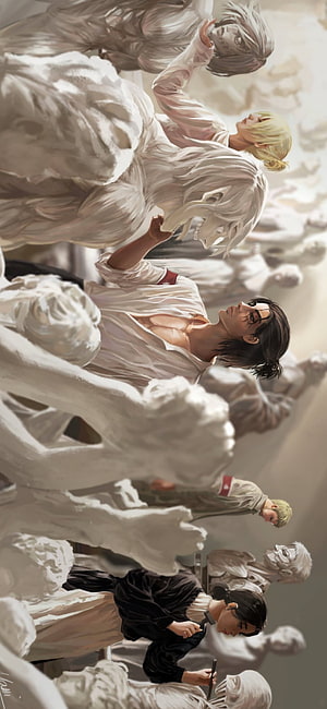 Attack on Titan Characters Among Marble Sculptures in Ethereal White Gallery HD phone wallpaper