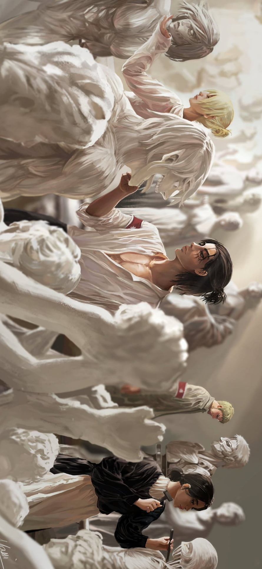 Attack on Titan Characters Among Marble Sculptures in Ethereal White Gallery HD phone wallpaper