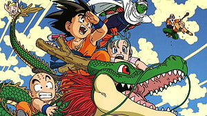 Dragon Ball Manga Art of Goku, Bulma, and Krillin Riding the Flying Dragon Through the Clouds HD wallpaper