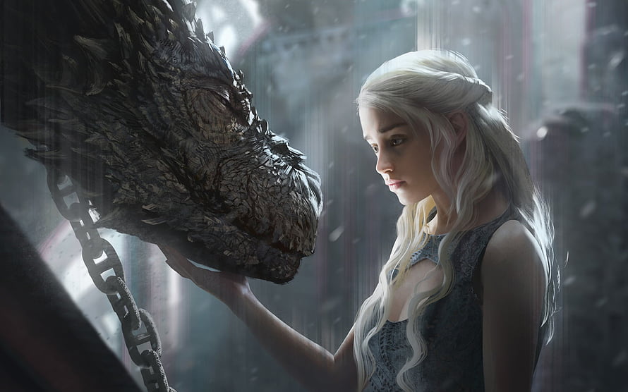 Daenerys Targaryen tenderly touching a chained dragon in a moody fantasy scene HD wallpaper