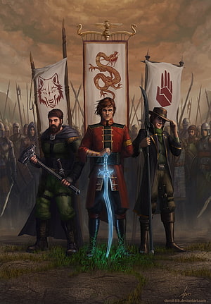 Three Fantasy Warriors Standing Before House Banners and an Army HD phone wallpaper