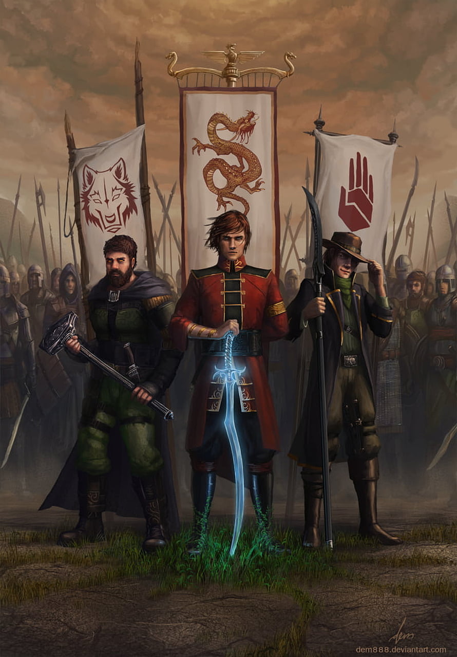 Three Fantasy Warriors Standing Before House Banners and an Army HD phone wallpaper