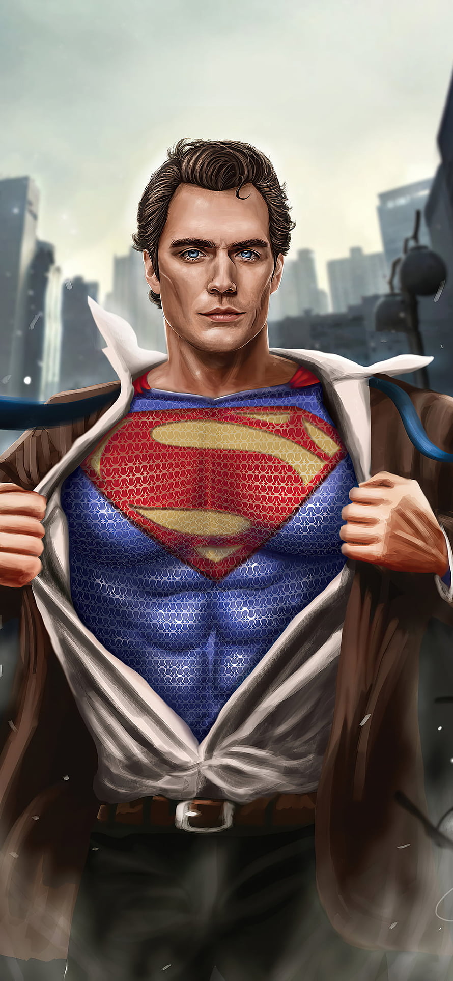 Henry Cavill as Superman Ripping Open Shirt to Reveal Iconic Blue Suit and Chest Emblem HD phone wallpaper