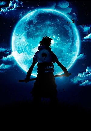Sasuke Uchiha Silhouette Standing Before a Glowing Blue Moon in a Dark Night Sky HD phone wallpaper