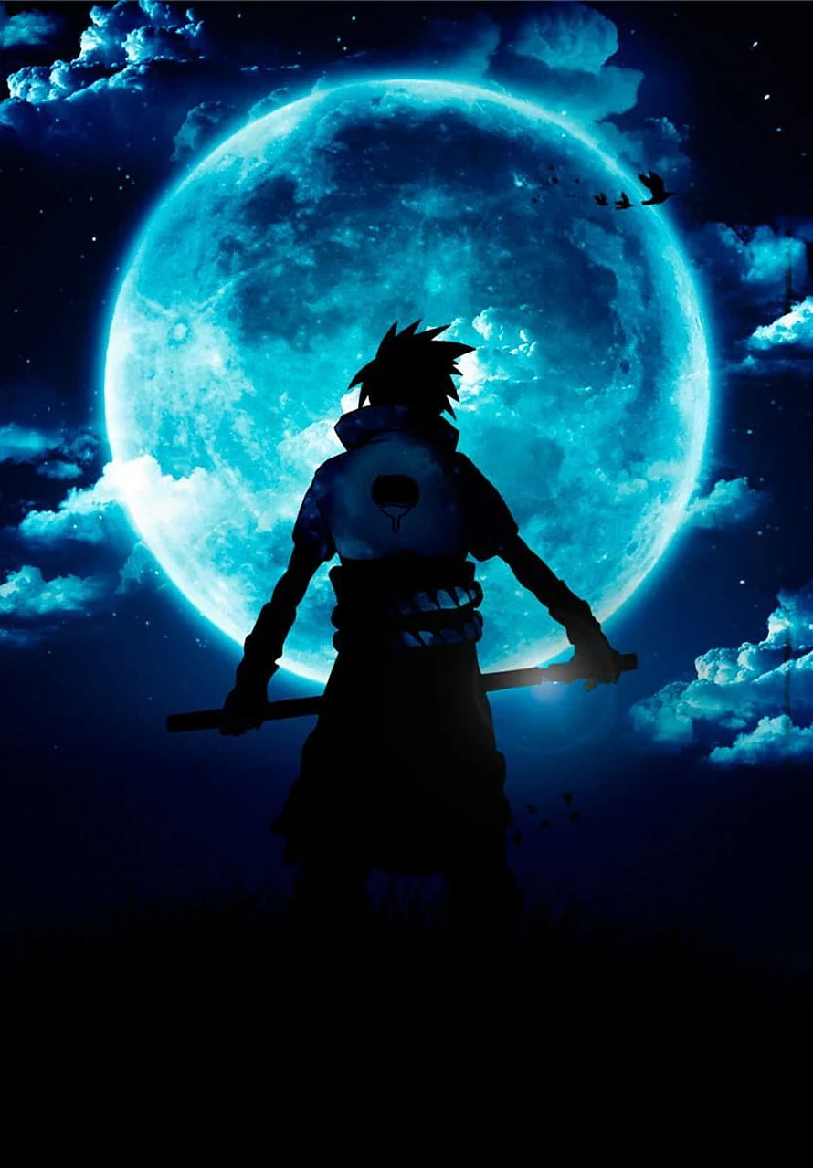 Sasuke Uchiha Silhouette Standing Before a Glowing Blue Moon in a Dark Night Sky HD phone wallpaper