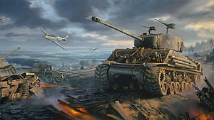 World War II Battlefield Scene Featuring Heavy Tanks and Fighter Planes HD wallpaper