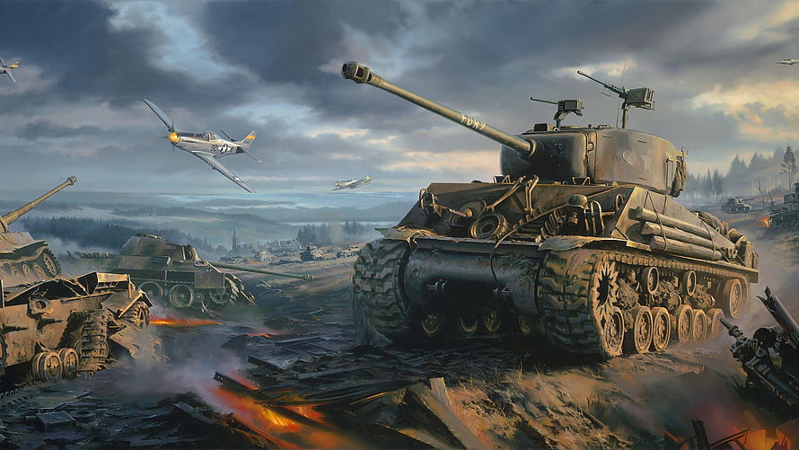 World War II Battlefield Scene Featuring Heavy Tanks and Fighter Planes HD wallpaper
