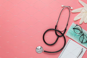 Flat lay of medical equipment including stethoscope, surgical gloves, and face mask on pink background HD wallpaper