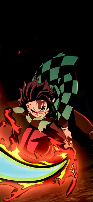 Tanjiro Kamado Wielding Flame Breathing Sword in Demon Slayer Anime Artwork HD phone wallpaper