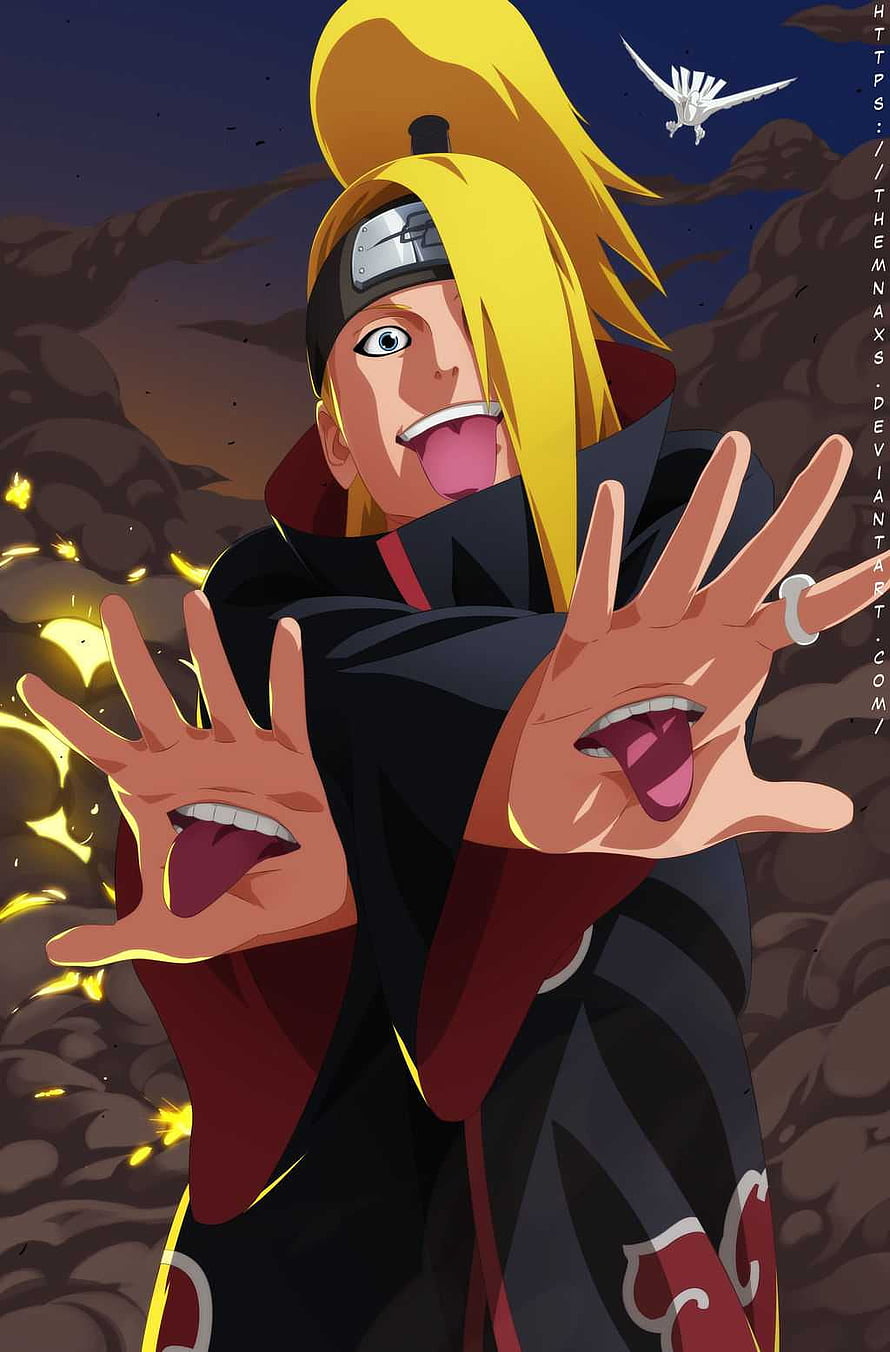 Deidara from Naruto Shippuden in Akatsuki cloak with explosive clay hands and bird HD phone wallpaper
