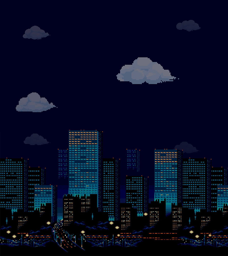 Pixel Art Nighttime City Skyline with Glowing Windows and Clouds HD phone wallpaper