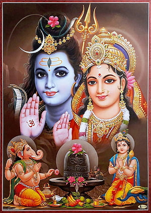 Shiv Parvati Hindu Deity Painting with Ganesha and Lakshmi Offering Flowers HD phone wallpaper