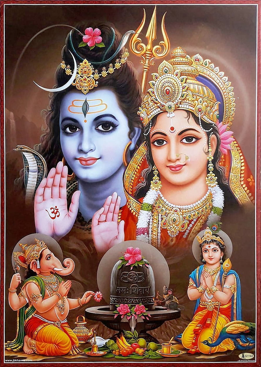 Shiv Parvati Hindu Deity Painting with Ganesha and Lakshmi Offering Flowers HD phone wallpaper