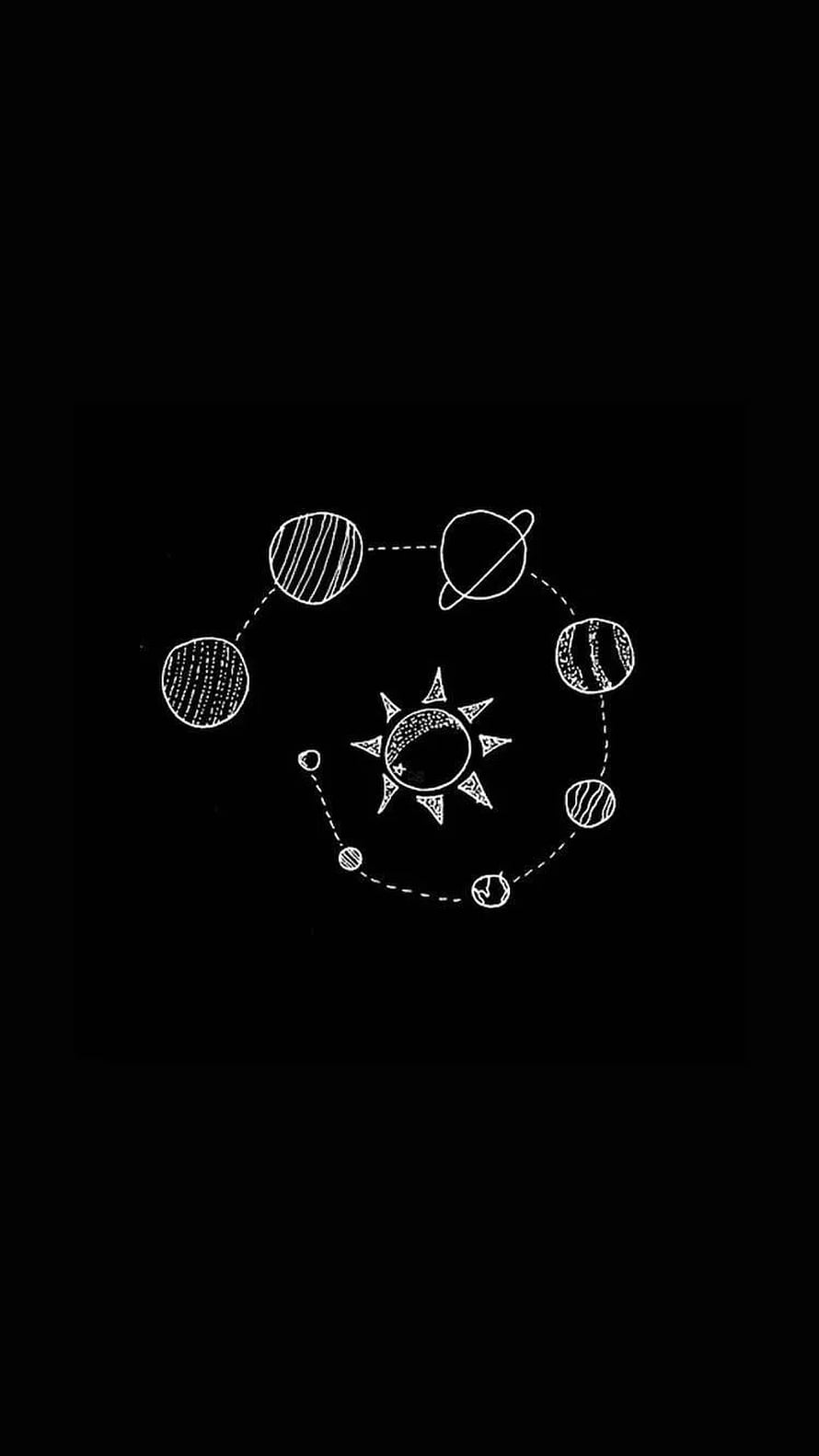 Minimalist Black and White Solar System Line Art with Hand-Drawn Planets and Sun HD phone wallpaper