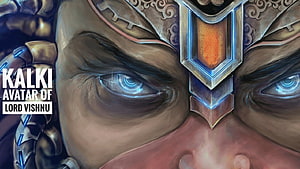 Kalki Avatar of Lord Vishnu Digital Art with Glowing Blue Eyes and Ornate Crown HD wallpaper