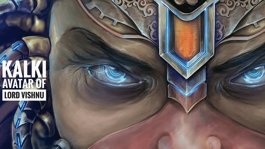 Kalki Avatar of Lord Vishnu Digital Art with Glowing Blue Eyes and Ornate Crown HD wallpaper