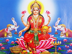 Goddess Lakshmi Seated on Lotus with Elephants and Offerings in Traditional Indian Art HD wallpaper