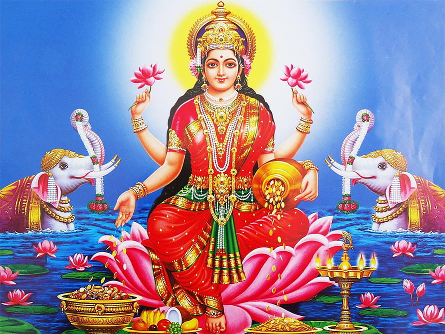 Goddess Lakshmi Seated on Lotus with Elephants and Offerings in Traditional Indian Art HD wallpaper