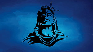 Mahadev Silhouette Portrait with Crescent Moon and Beaded Necklace on Blue Background HD wallpaper