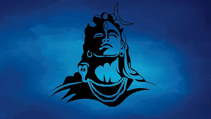 Mahadev Silhouette Portrait with Crescent Moon and Beaded Necklace on Blue Background HD wallpaper