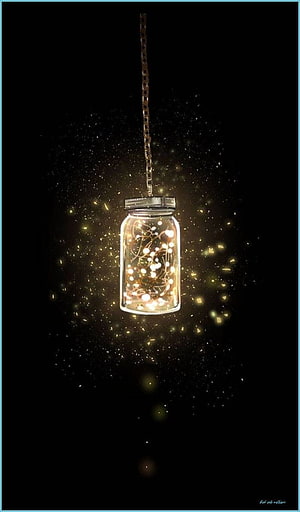 Glowing Fairy Light Jar Hanging in Dark Space with Golden Sparkles HD phone wallpaper