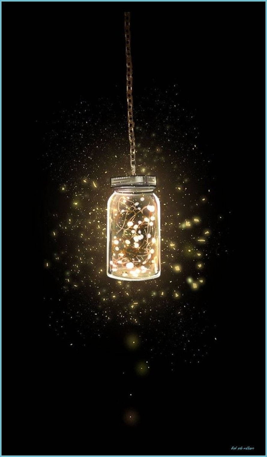 Glowing Fairy Light Jar Hanging in Dark Space with Golden Sparkles HD phone wallpaper