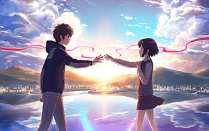 Your Name Anime Scene: Taki and Mitsuha Reaching Out at Sunset Over a Frozen Lake HD wallpaper