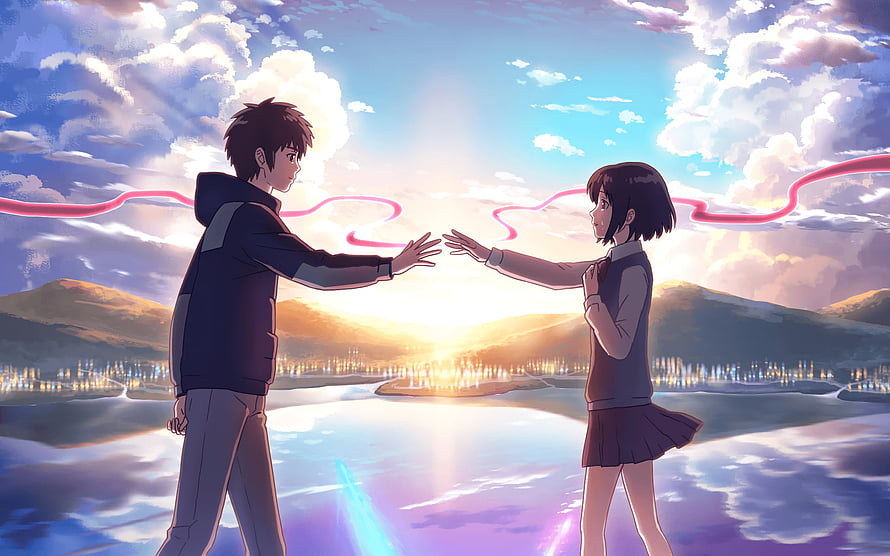 Your Name Anime Scene: Taki and Mitsuha Reaching Out at Sunset Over a Frozen Lake HD wallpaper
