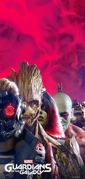 Marvel Guardians of the Galaxy Video Game Team Portrait with Star-Lord, Groot, Gamora, Drax, and Rocket HD phone wallpaper