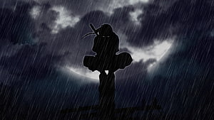 Uchiha Itachi Silhouette Standing in Heavy Rain Under a Dark Moonlit Sky HD wallpaper