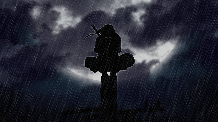 Uchiha Itachi Silhouette Standing in Heavy Rain Under a Dark Moonlit Sky HD wallpaper